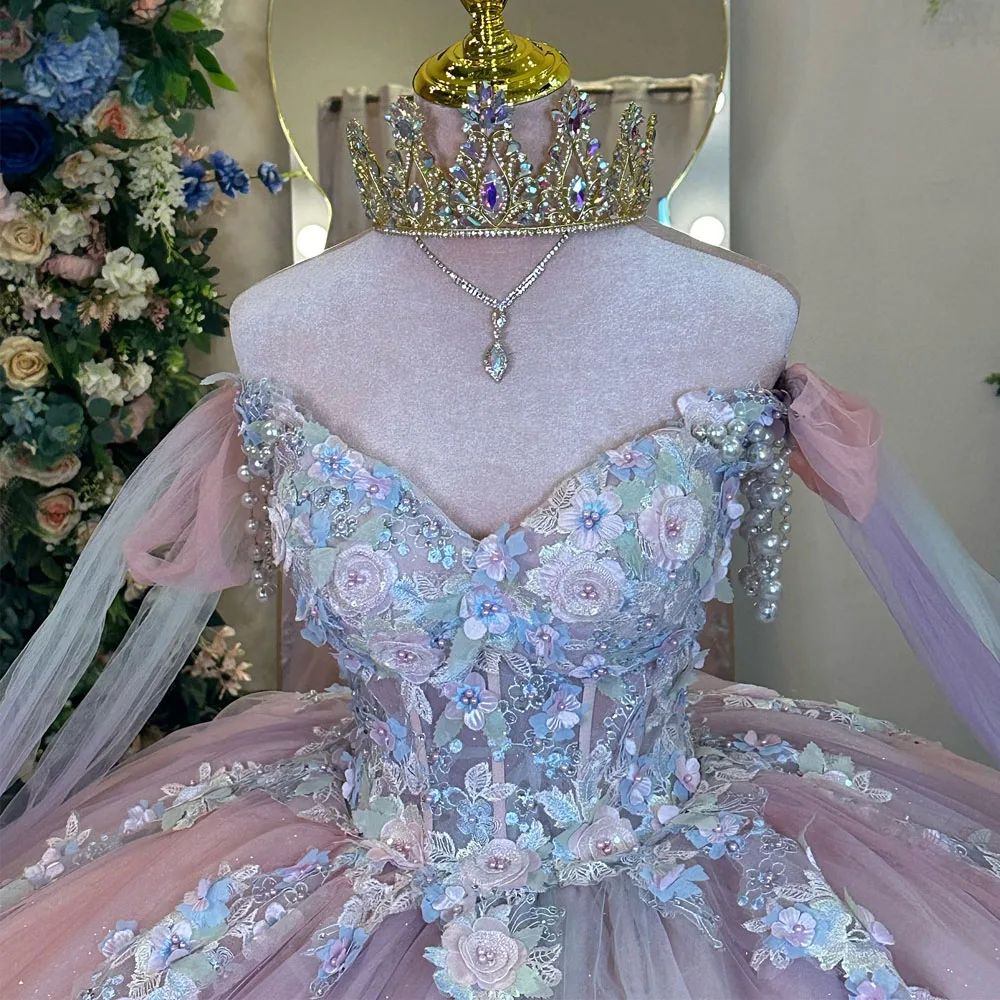 

Роскошное милое платье Quinceanera, бальное платье 2024, изящное платье с 3D цветочной аппликацией и запахом с открытыми плечами, праздничное платье 16