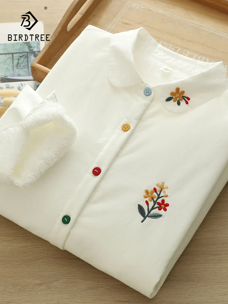 

Новинка 2025, осенняя хлопковая флисовая рубашка с длинными рукавами, женская флисовая рубашка с лацканами и цветочной вышивкой, теплая свободная блузка Mori Girl T5O881CC