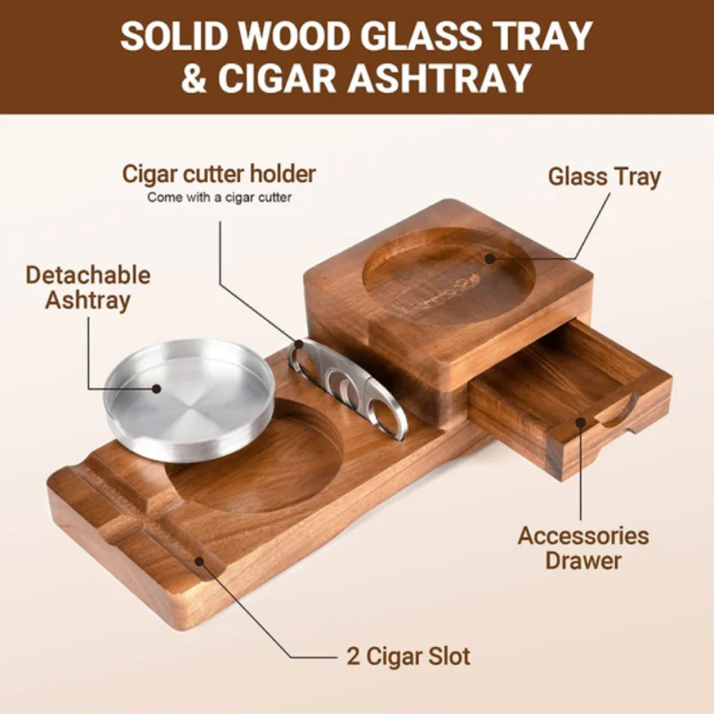 Cigar Ashtray Coaster Whiskey Glass Tray Wooden Gray Tray Cigar Cutter Drawer Cigar Slot