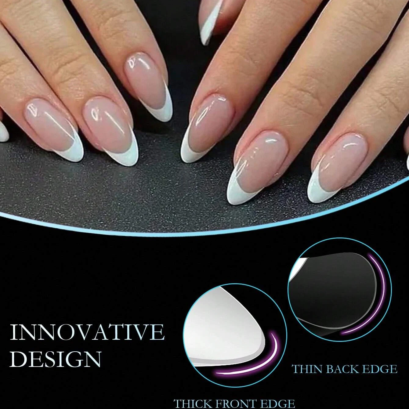 Punta de uña de borde blanco francés de almendra corta, punta de uña falsa completamente cubierta, punta de pegamento falso de prensado formado para uso doméstico DIY, 120/150 Uds.
