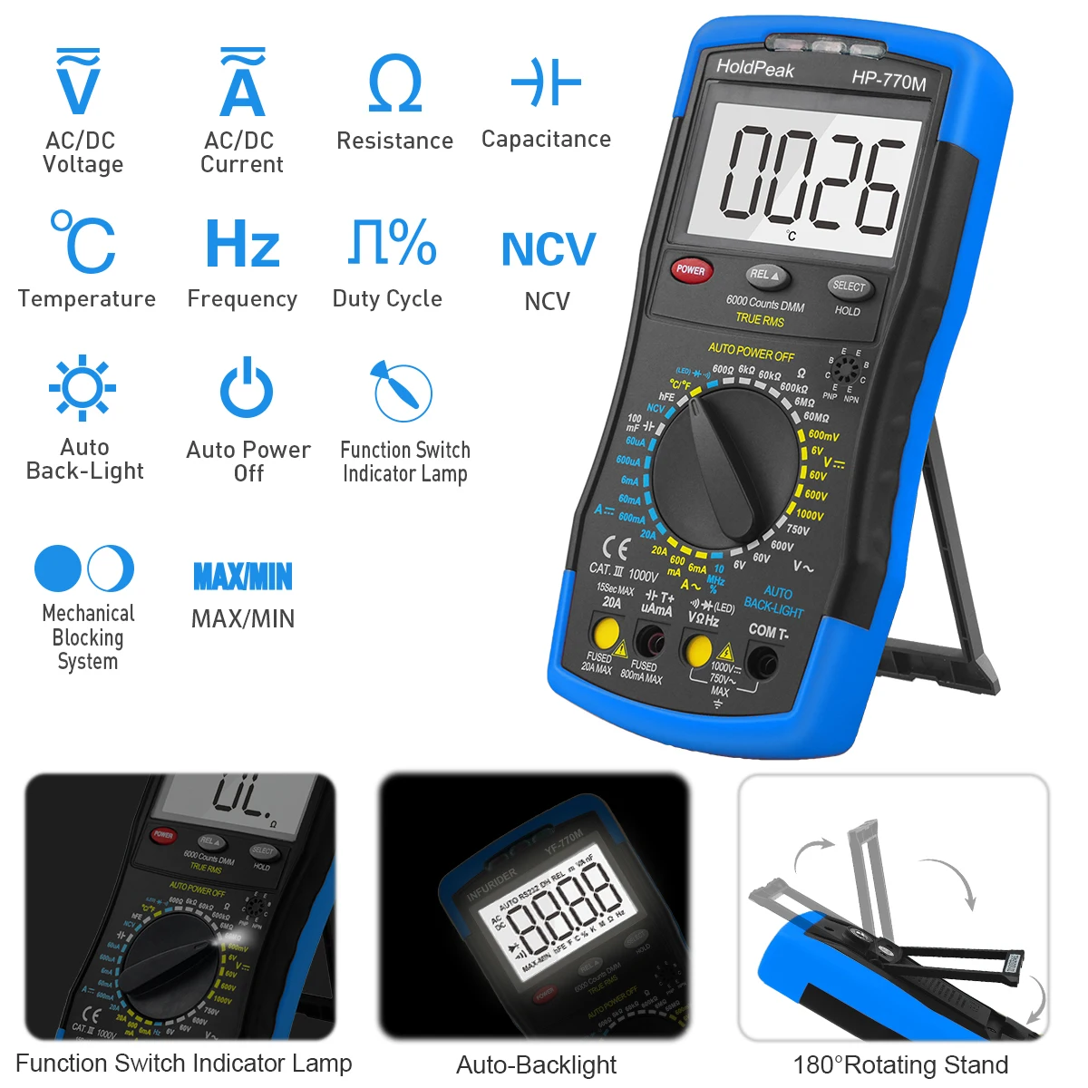 

The HP-770M Digital Multimeter Measure Resistance, Capacitance, Diode, Frequency With Overload Protection 6000 Count LCD Display