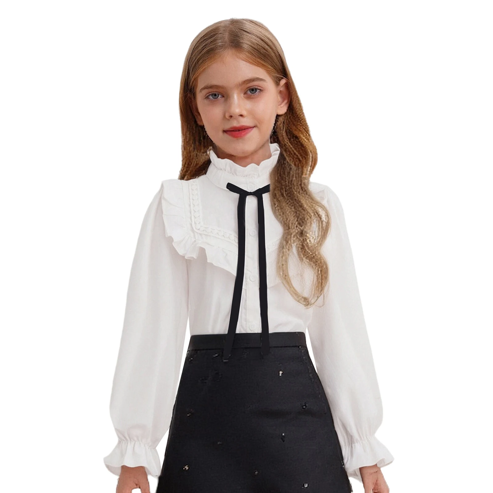 

Kids Girls Shirt White Simple Shirt Cute Bowknot Ruffled Collar Long Puff Sleeves Button Blouse Top for School Birthday Party