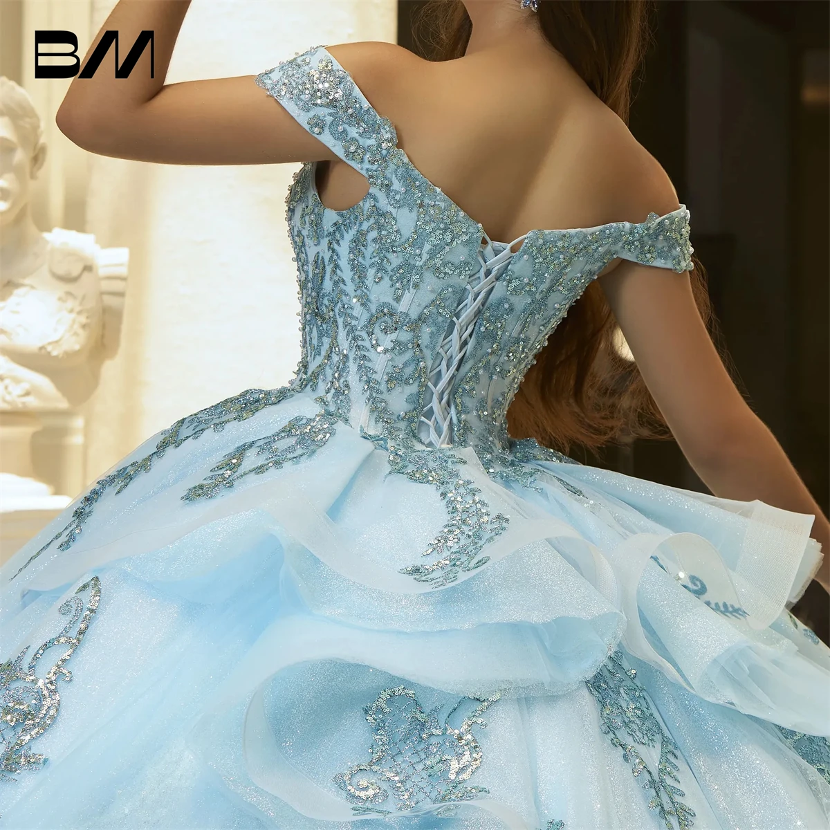 Vestido azul cielo con hombros descubiertos para quinceañera, dulce vestido 15 con apliques brillantes plateados, vestido de baile, 2025