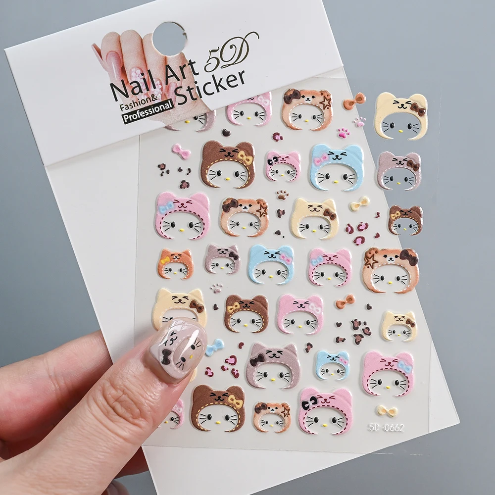 สติ๊กเกอร์ติดเล็บลายเสือดาว 5D ลายเฮลโลคิตตี้ 2/3 ชิ้น ลายโบว์หัวแมว ลายหัวใจ แบบมีกาวในตัว สำหรับตกแต่งเล็บ ลายผ้าพันคอ ลายหมวก