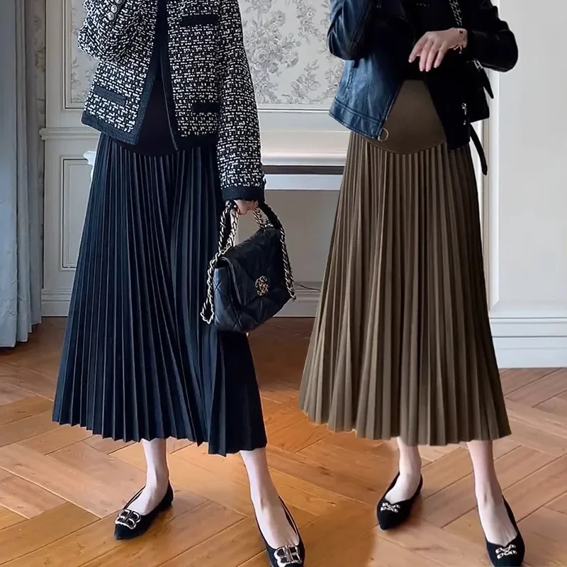 1108# Autumn Winter Fashion Pleated A Line Maternity Long Skirts Warm Loose Belly Clothes for Pregnant Women Casual Pregnancy