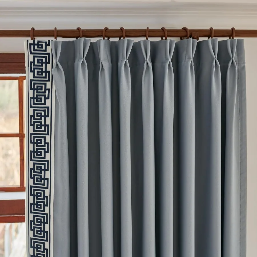 

Gray Pinch Pleat Cotton Linen Blend Curtains with Designer Greek Key Trim for Bedroom Living Room Club Theater Patio Door Decor