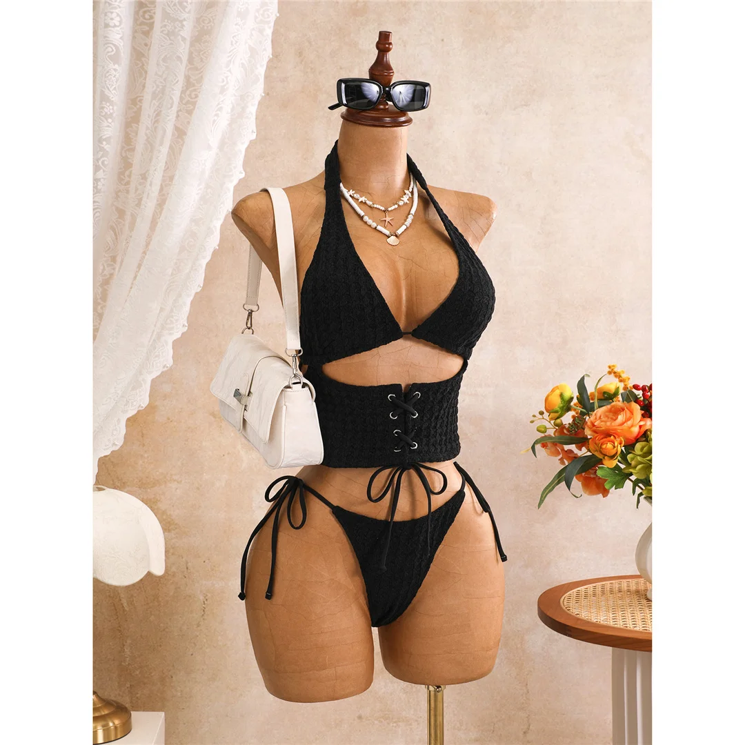 Tankini mit Schnürung, Neckholder-Bikini, Damen-Badeanzug, zweiteiliges Bikini-Set, Badeanzug mit hohem Beinausschnitt, Badebekleidung, Schwimmanzug V8340 – Detail 11