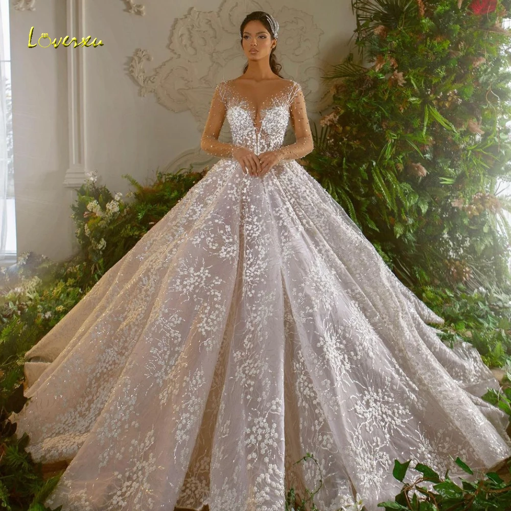 Loverxu A-Line Romantic Wedding Dresses Scalloped Long Sleeve Vestido De Novia Lace Embroidery Beaded Custom Made Bridal Gown