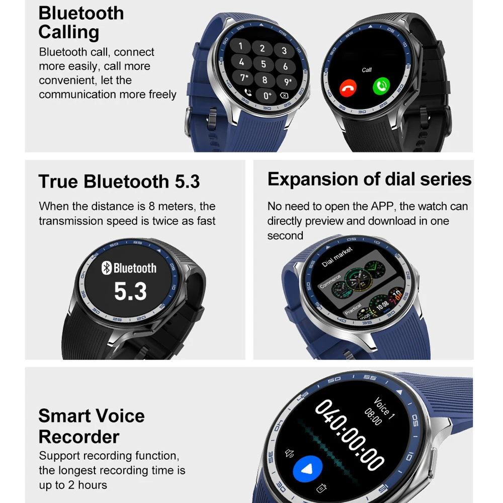 Reloj inteligente con Pantalla AMOLED de 1,43 "para hombre, Smartwatch resistente al agua con llamadas de dientes azules, 32GB de memoria, música Local, MP4, grabación de sonido y vídeo