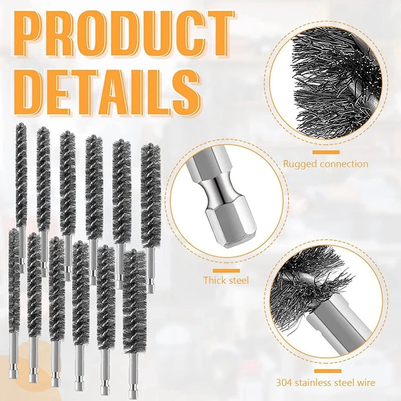 Stainless Steel Bore Brush Stainless Steel Bristles Wire Brush For Power Drill With Hex Shank Handle 12 Pcs