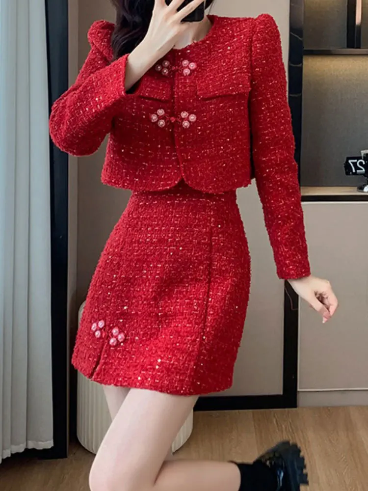 Moda cinese nodo bottone vestito rosso donna 2023 autunno inverno elegante girocollo a maniche lunghe cappotto corto + gonna divisa in due pezzi