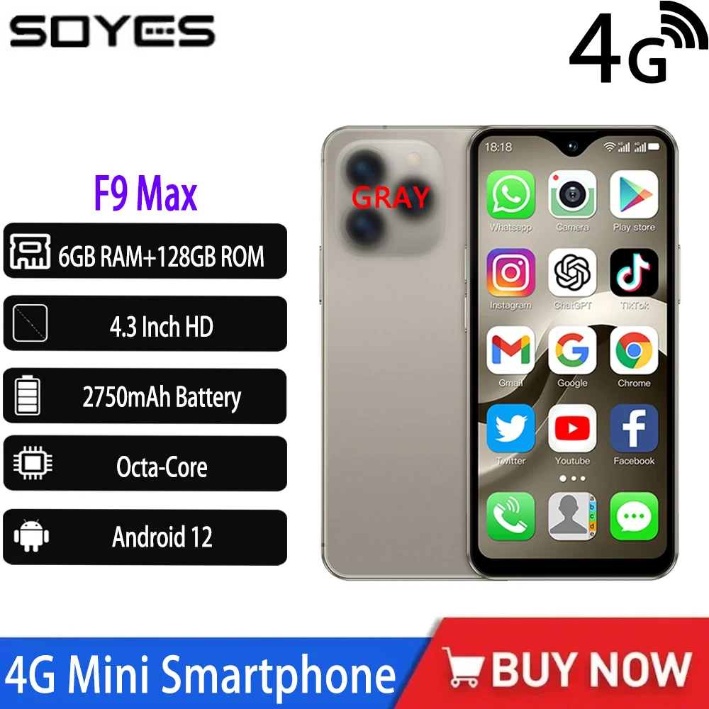 2026 SOYES F9 Max 4G Mini Smartphone 4.3“ Android12 Octa-Core 6GB+128GB 2750mAh Type-C OTG Face ID WhatsApp BT Smooth Experience
