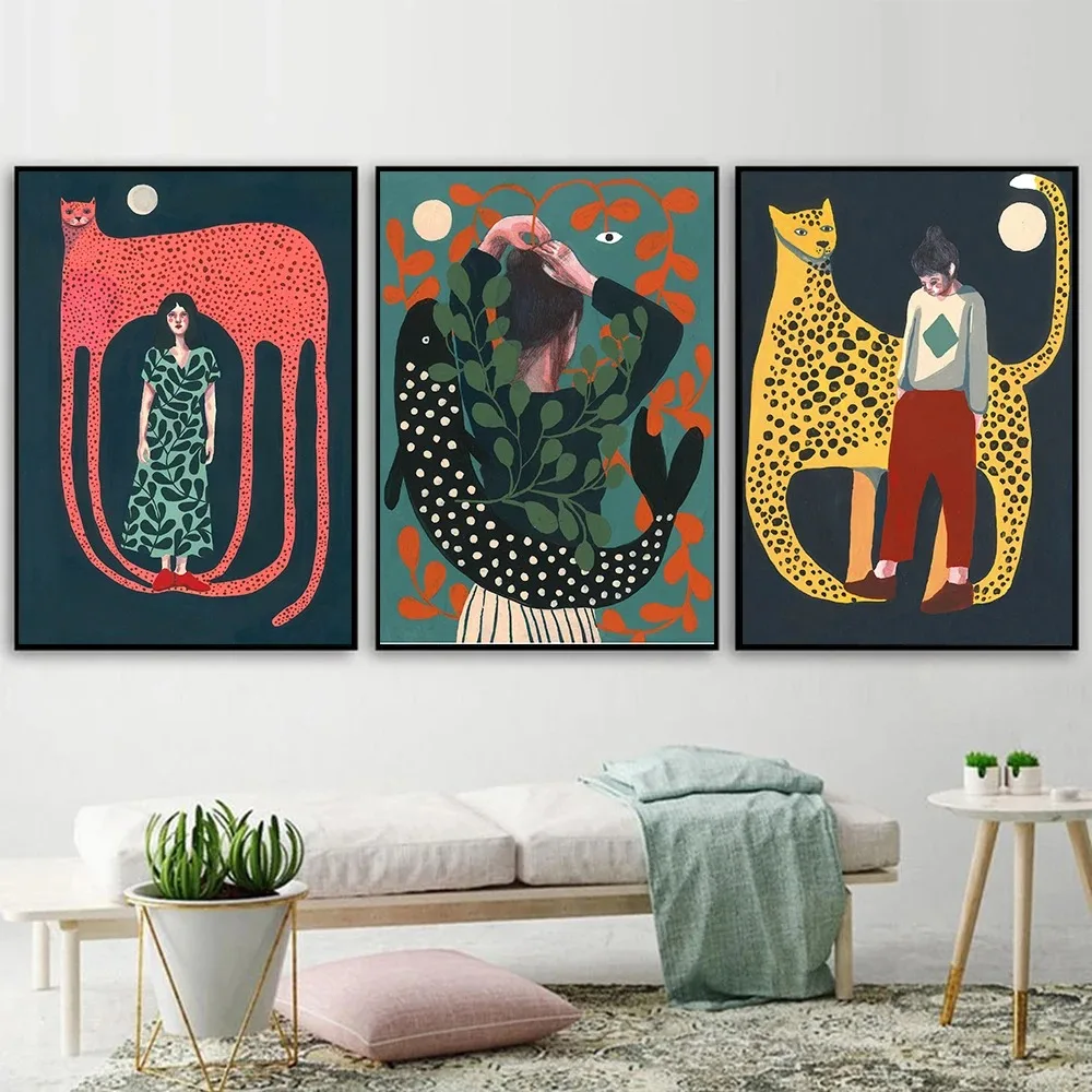 Nordic Posters Print Illustration Woman Fish Plants and Animal Jagua Wall Art Canvas Painting Picture for Living Room Home Decor