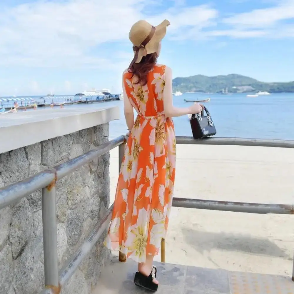 Floral Print Floral Dress Women Bohemian Beach Dress V-neck Maxi Dress Women Dacron V Neck Sleeveless Beach Skirt Girl