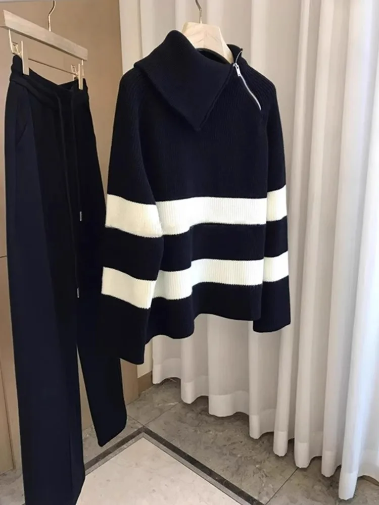 

Уютный вязаный свитер с длинными рукавами для женщин, свободный крой, полосатый дизайн, стройнящий силуэт, осенне-зимняя мода, новинка