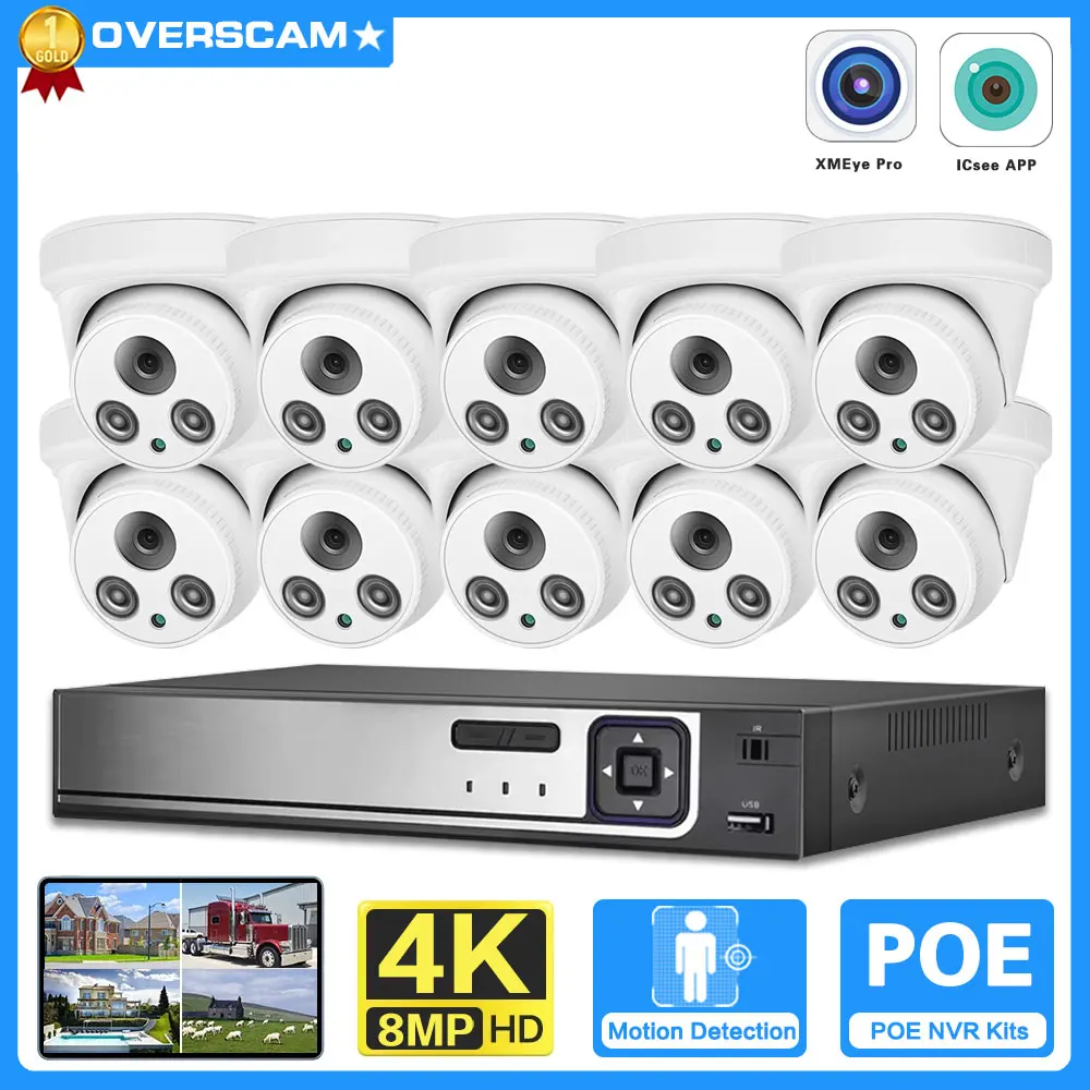 10CH 8MP POE Video Security System 4K 8MP Super HD Outdoor Dome IP Cameras with Color Night Vision  Outdoor POE Security Camera