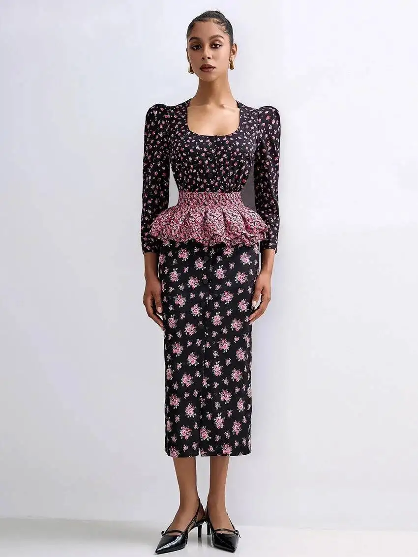 

Fashion Loose Print Dresses Sets For Women 2 Pieces Bodycon U-Neck Long Sleeve High Waist Girdle Midi Slit Dress Set