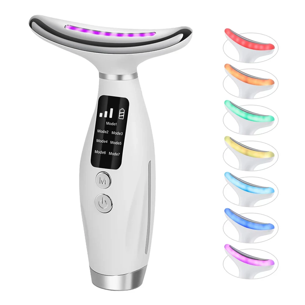 Dispositivo di bellezza per il viso e il collo Massaggiatore per il lifting del viso con luce a 7 colori Rimozione del doppio mento Antirughe LED Photon Rafforzamento della pelle del viso