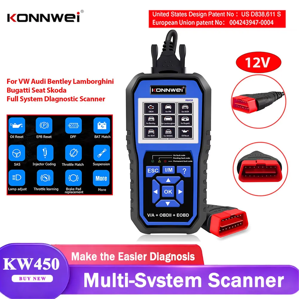 

KONNWEI KW450 Полные системы OBD2 Диагностический инструмент VW Audi SEAT SKODA ABS Подушка безопасности Масло EPB DPF SRS TPMS Сканер сброса VAG COM