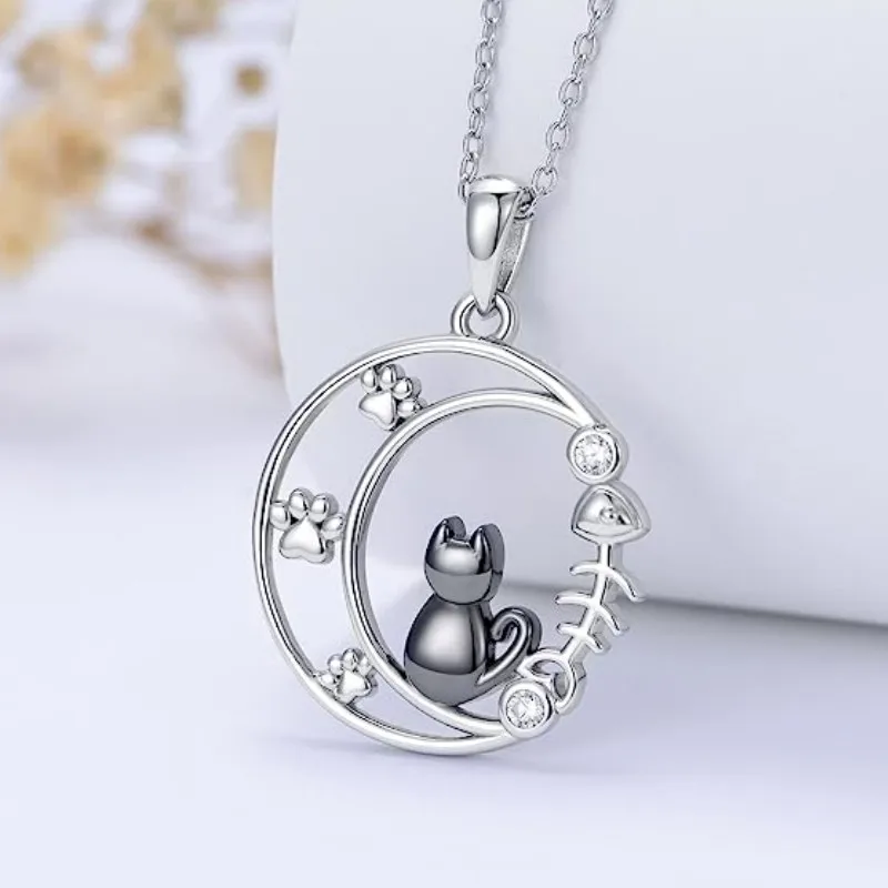 Creative Funny Black Cat Moon Pendant Necklace For Women Cute Kitten Moonstone   Choker Couple Friendship Y2K Charm Jewelry Gift