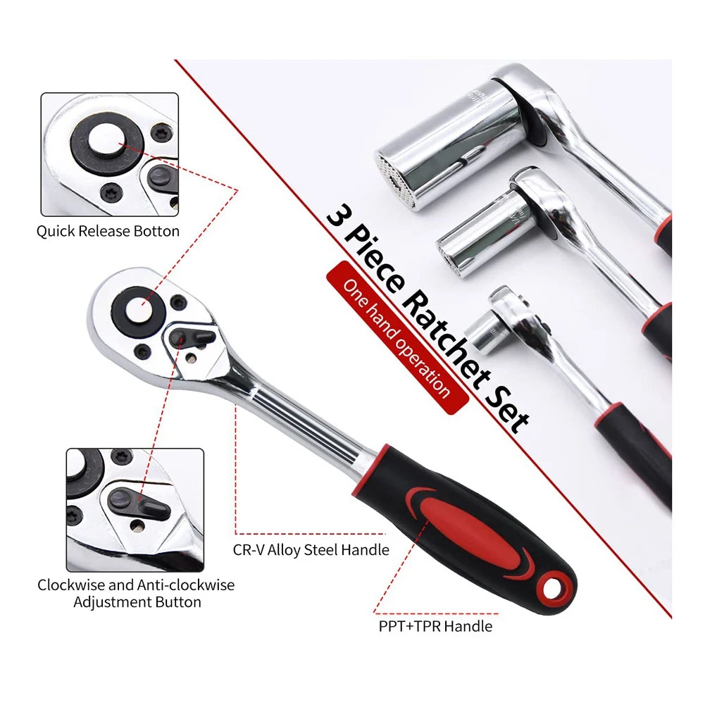 3 Piece Ratchet Set, 1/4 Inch, 3/8 Inch, 1/2 Inch Drive Ratchet Wrench, Professional Heavy Duty Ratchet SetB84B