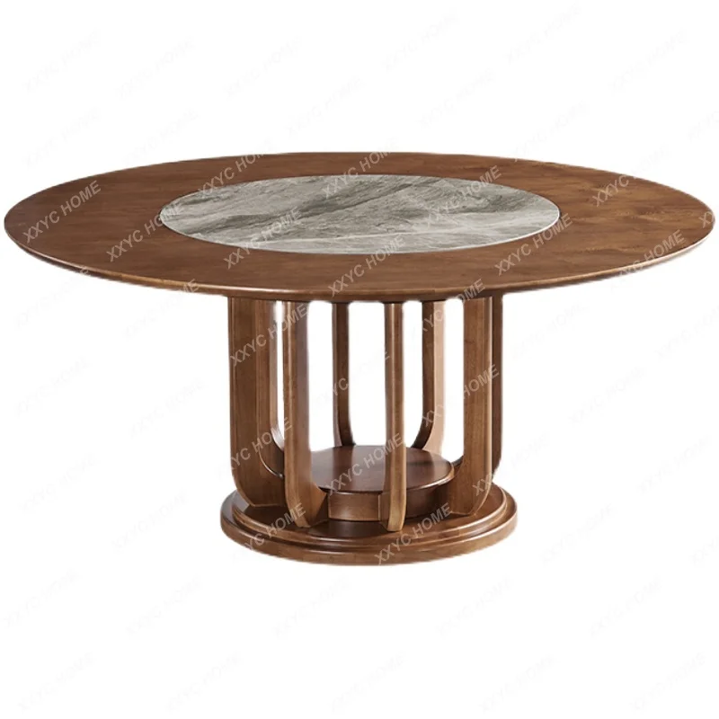 

Embedded Dining Table with Turntable round Hotel Household Large and Small Apartment Type Walnut Color Solid Wood Round Table