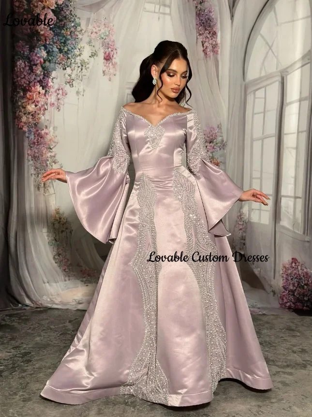 Customized فساتين سهرة A-Line Square Neckline Floor-Length Luxury Evening Dresses Beadings Zipper Up Long Sleeves Dresses