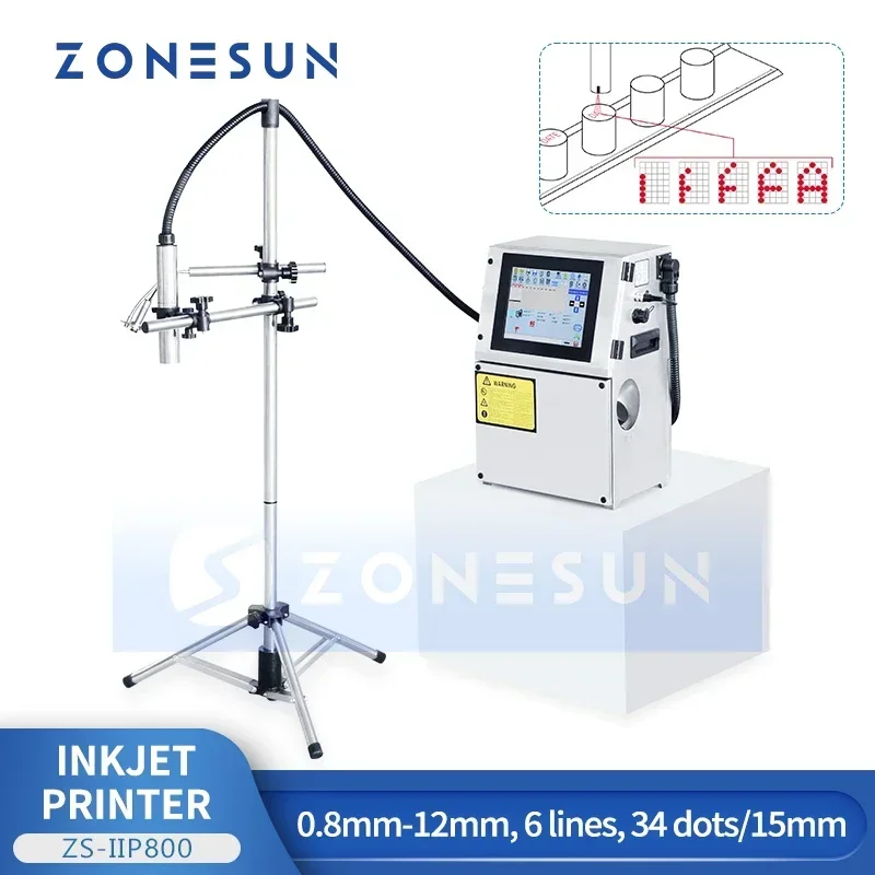 ZONESUN ZS-IIP800 Industrial Continuous Inkjet Printer 0.8-12mm 6 Lines CIJ Coding Machine Expiry Date Batch Code Printer