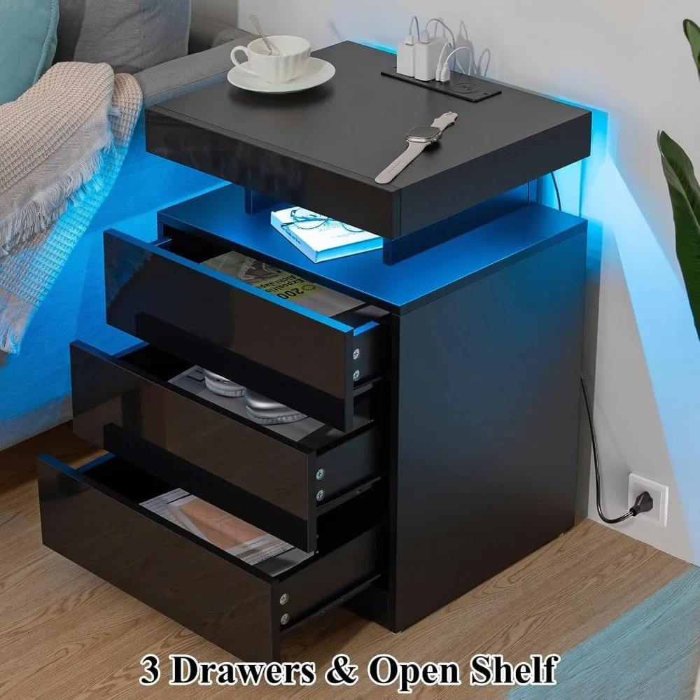 Nightstand with Wireless Charging Station & USB Ports 3 Drawers with LED Light RGB Adjustable Brightness Smart Nightstand,Black
