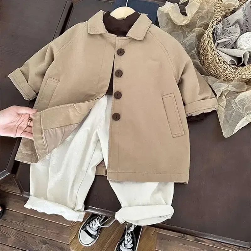 Korean Spring and Autumn Boys and Girls Children Trench Coat Baby Warm Children Personalized Japan Style Solid Casual Coat