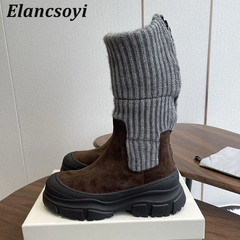 Mid Calf Boots Round Toe Back Zipper Snow Boots Women Knitted Elastic Thick Sole Short Boots Winter British Style Ridding Botas