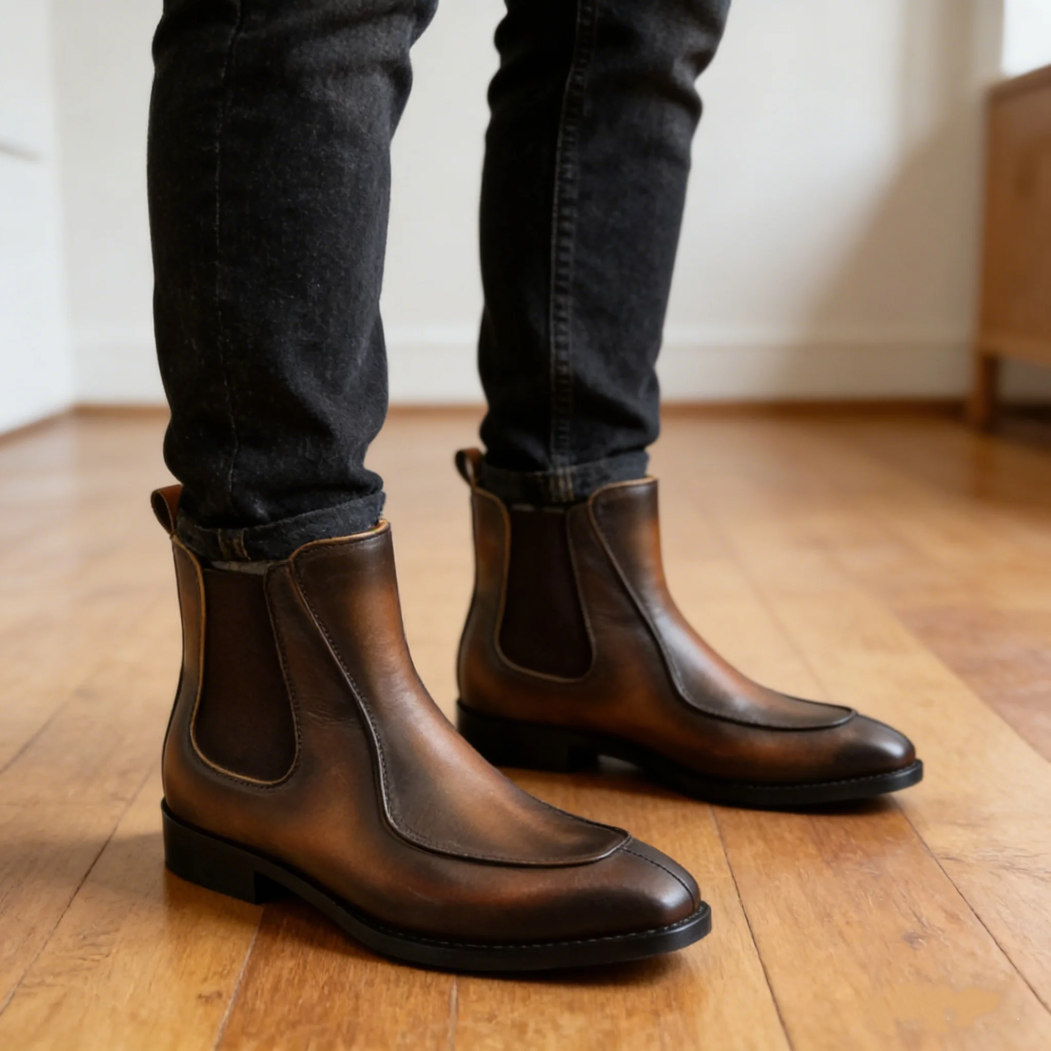 

Comfortable Non-Slip Light Luxury Pure Cowhide Hand-Carved Boats Male Mature Retro Rubbed Color Brown Leather Men's Short Boots