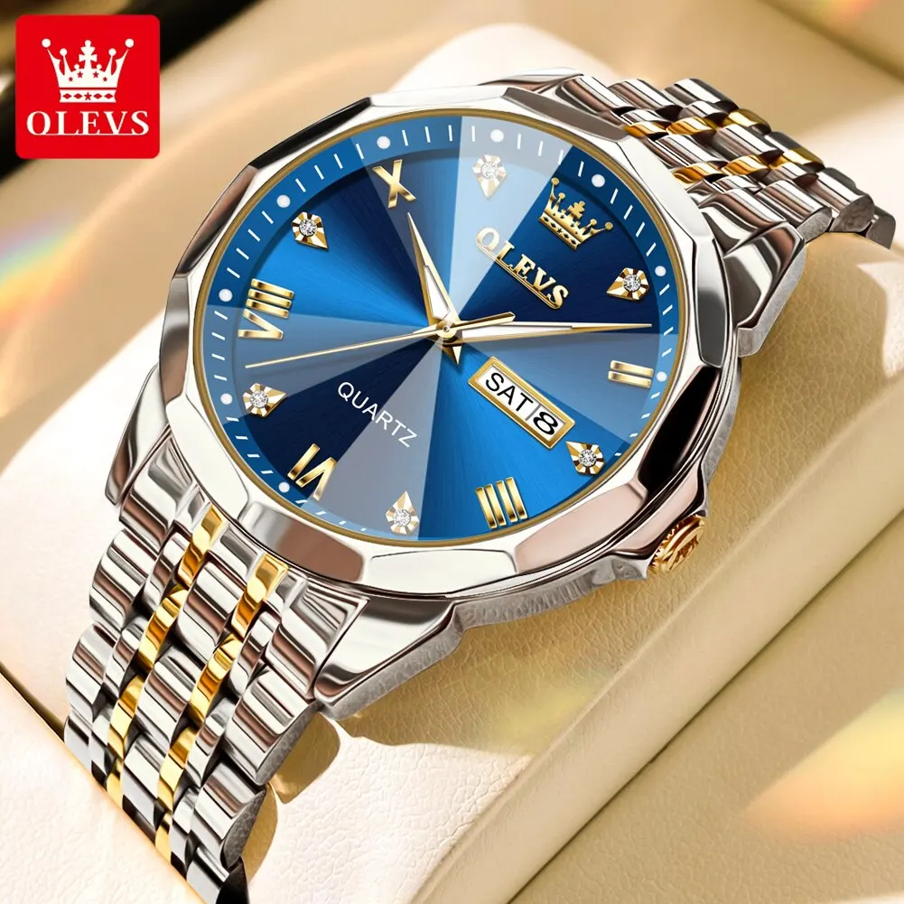 OLEVS Men's Watches Rhombus Mirror Original Quartz Watch for Man Waterproof Luminous Stainless Steel Wristwatch Male Date Week
