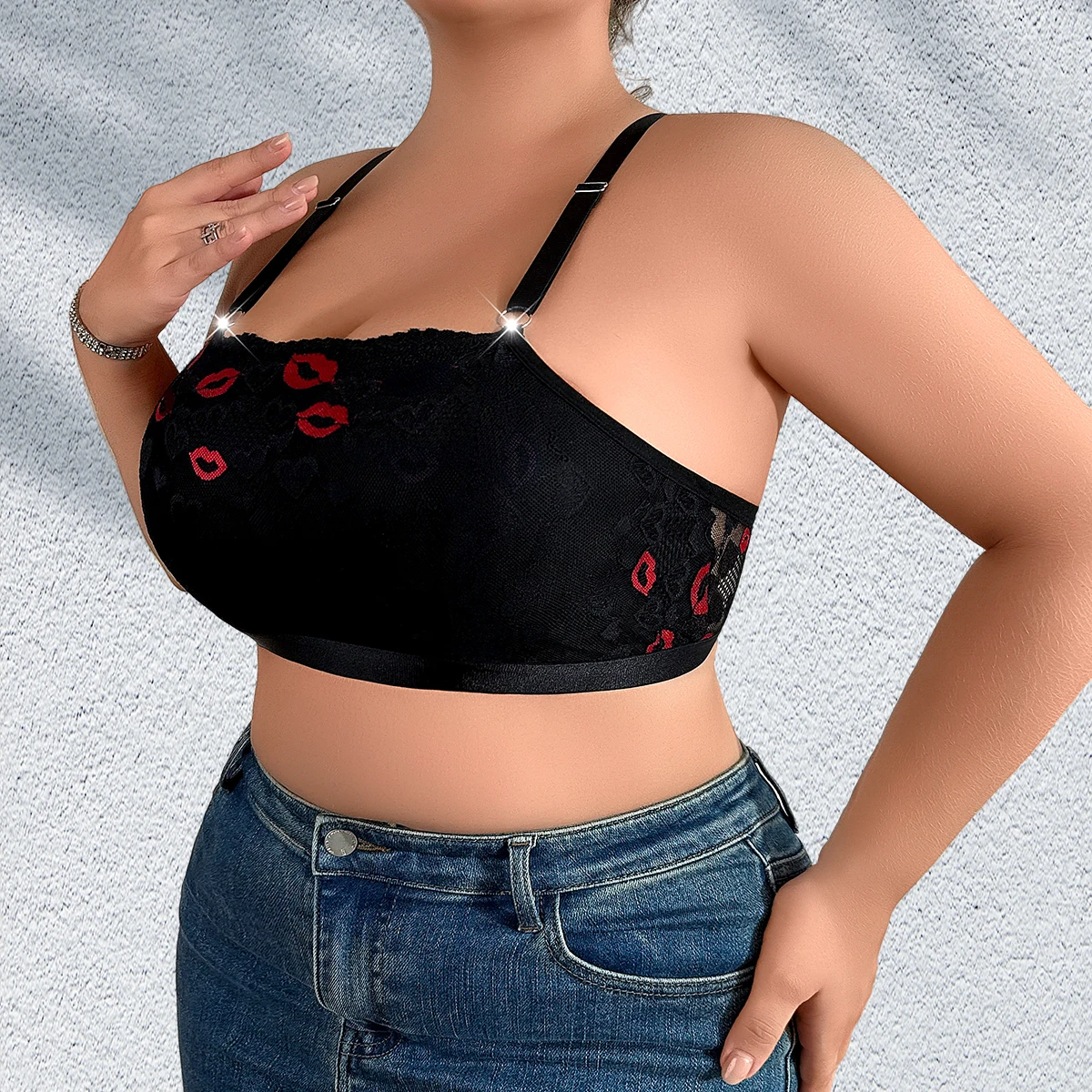 ks 1XL-4XL Plus Size Sexy Dámské Podprsenky Červené Rty Tisk Bez Vycpávky Dámské Spodní Prádlo Nastavitelný Ramenní Popruh Bez Kostic Sexy Lístek - náhled 5