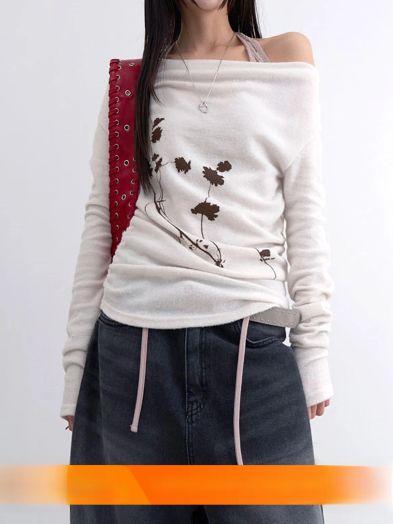 

Retro One oulder Waist Cinched Straight Leg T-irt Women's Outerwear Street Sle Creative Pattern Long Sve Spring T-irt