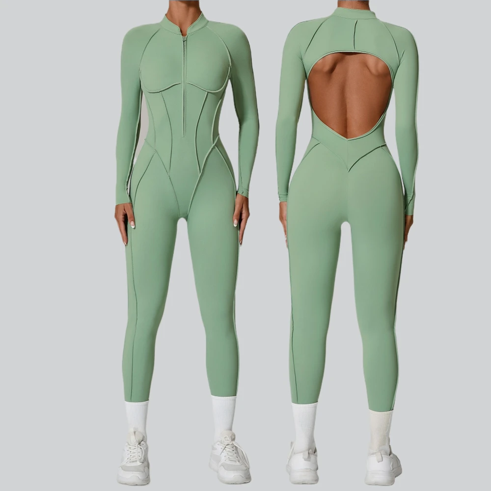 Tuta sportiva da donna Set fitness per yoga con cerniera e cuscino per il petto Schiena nuda Tute da allenamento per palestra in tessuto morbido ad alta elasticità