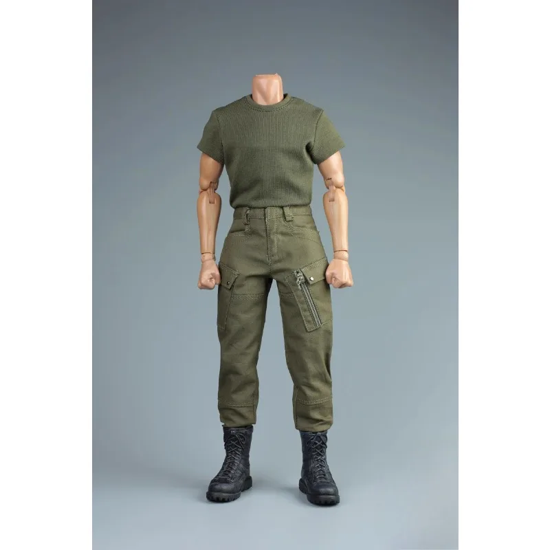 1/6 Scale Male WWI T-shirt Combat Pants Army Green Casual Trousers Soldier Tactical Clothes Model for 12inch Action Figures