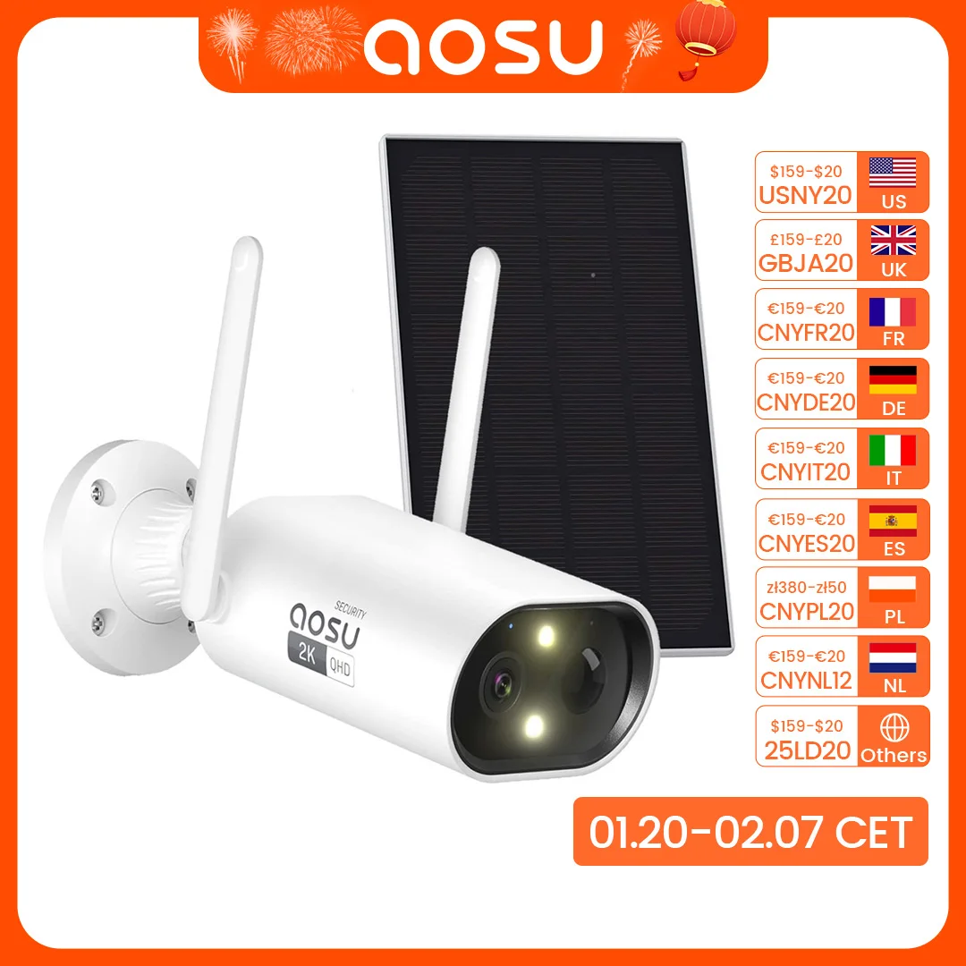 AOSU 3MP WiFi Bullet Solar Camera 100% Wire-free Security Camera Built-in Battery 2-Way Audio CCTV Camera Support Alexa