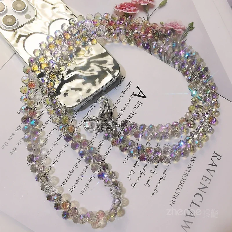 Long Crystal Slant Lanyard Can Be Hung Mobile Phone Bag Multi-purpose S Mobile Phone Charm Crystal Lanyard Pure Hand-beadedchain