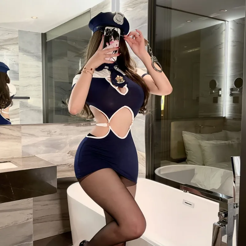 Plus Size Cosplay Policewomen Outfits Sexy Hollow Out Flight Attendant Costume Stewardess Uniform Erotic Lingerie Stage Clubwear