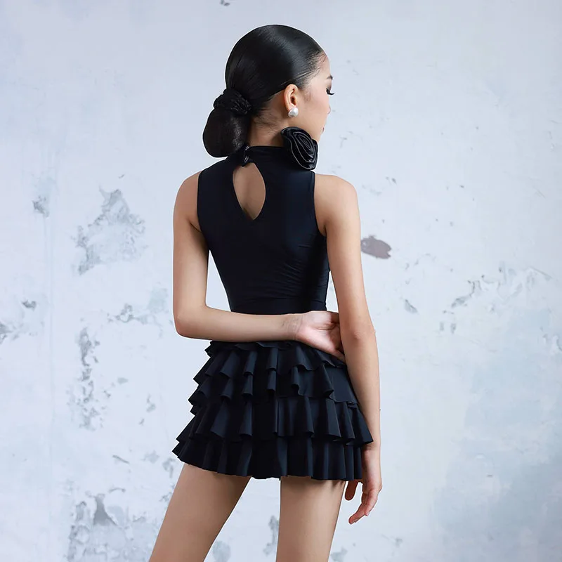 Latin Dance Kleid Für Mädchen Schwarz Wettbewerb Kleidung Rumba Cha Cha Praxis Tragen Kind Ärmellose Tanz Anzug Kuchen Rock AMY2428