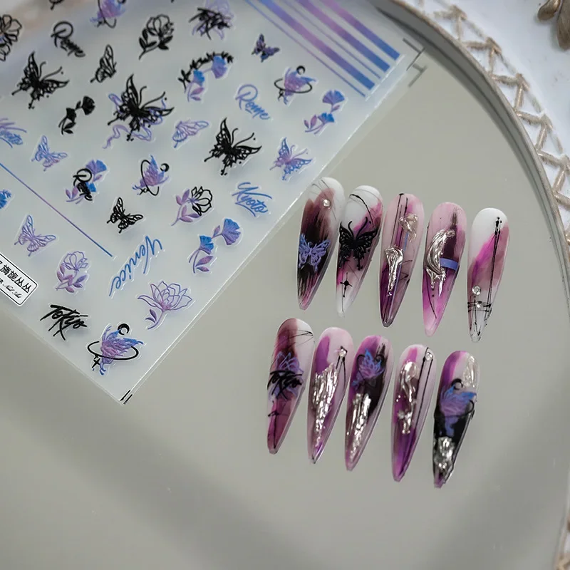 5D Realistic Relief Beautiful Black Gradient Ling Drawing Butterfly Flowers Adheisve Nail Art Stickers Decals Manicure Ornaments