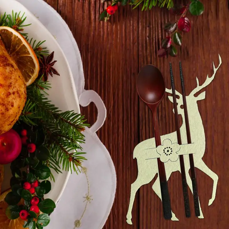 4 buah 3 warna pisau Natal dan pemegang garpu rusa alat makan saku tas alat makan kain tidak ditenun pengatur peralatan masak dekorasi meja