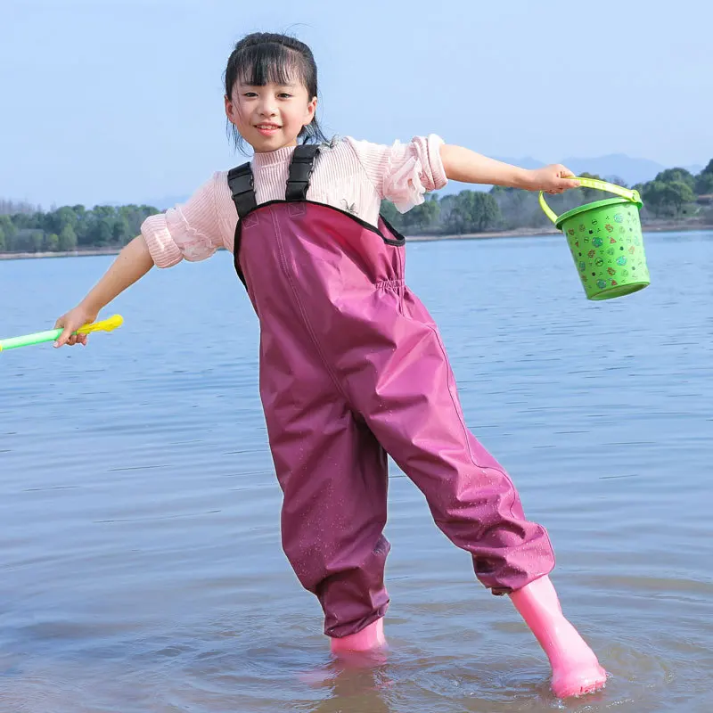 New High quality Kids Outdoor Girls Boys PVC Rain Pants children Fishing Chest Waders with rain shoes Waterproof rain Boot foot