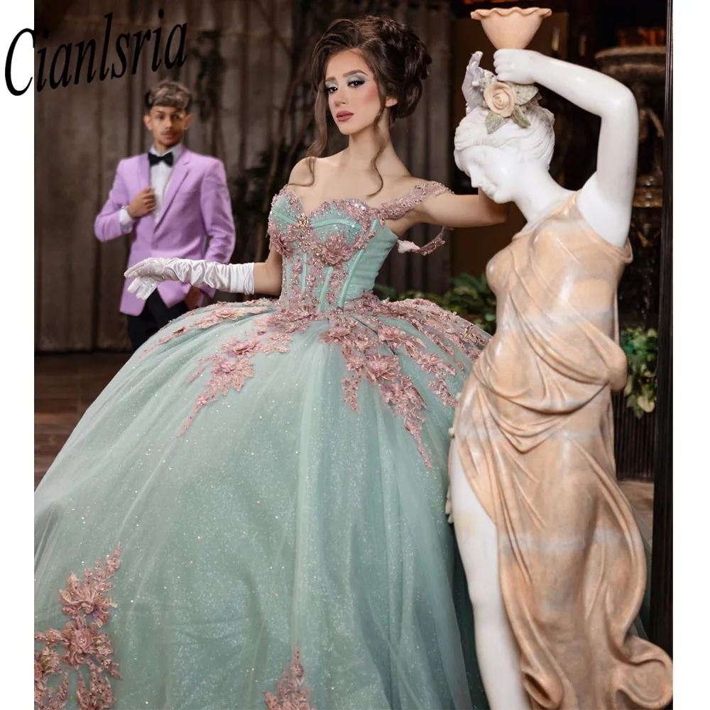 Vestido de baile de quinceañera, traje Formal de graduación, con cordones, color verde menta, 15 y 16 años