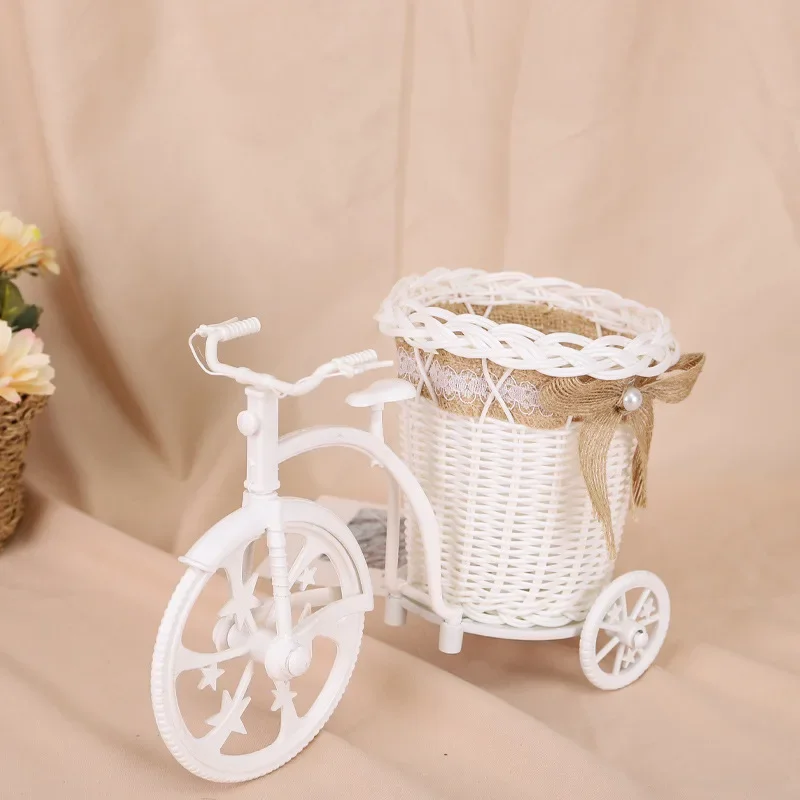 Handmade Rattan Flower Bike Vase Colorful Rose Flower Daisy Artificial Flower Pot for Home Wedding Decoration Storage Container