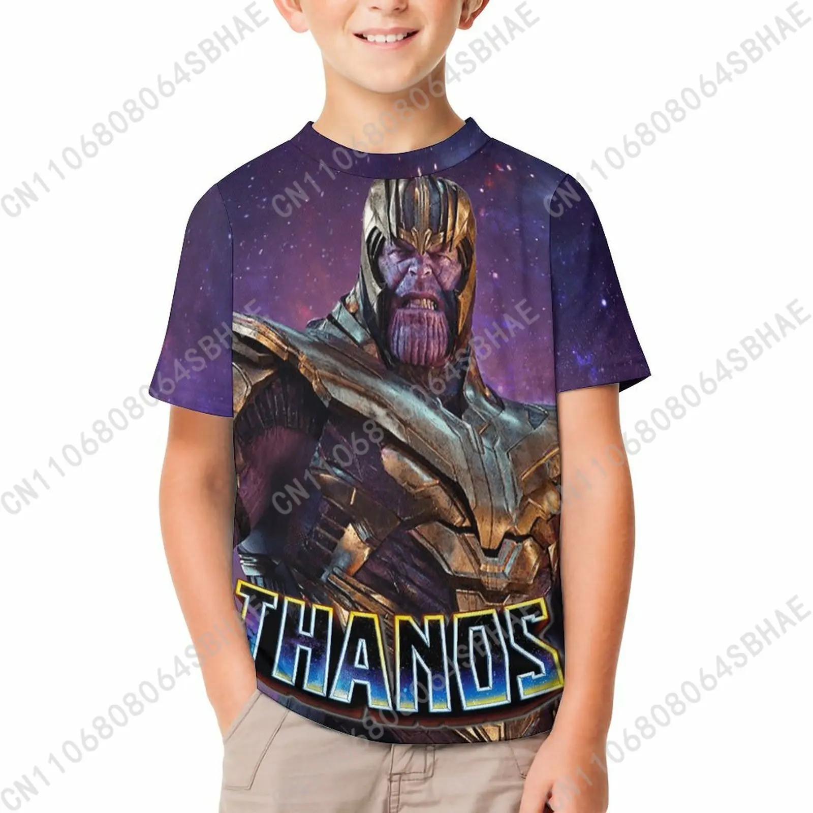 

Футболка Marvel Thanos для мальчиков и девочек, хлопковая футболка с короткими рукавами и принтом, удобная детская футболка с круглым вырезом, детская футболка для косплея
