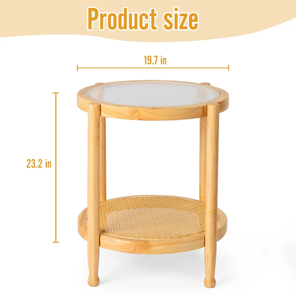 19.7in Rattan Coffee Table with Glass Top, Small Round End Table, Boho Style Side Table Sofa End Table for Living Room Balcony
