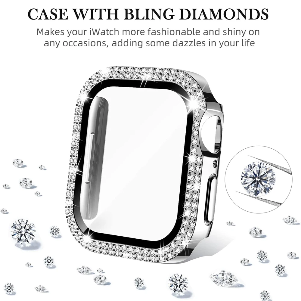 غطاء حافظة لساعة أبل سلسلة 11 10 9 7 SE 6 8 5 46 مللي متر 42 مللي متر 45 مللي متر 44 مللي متر 40 41 مللي متر الماس الوفير الزجاج المقسى واقي للشاشة