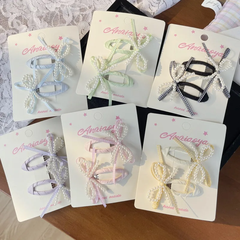 

Набор из 2 заколок для волос: тканевые банты с жемчугом и стразами для девочек, милые заколки-бантики для челки, детские аксессуары для волос